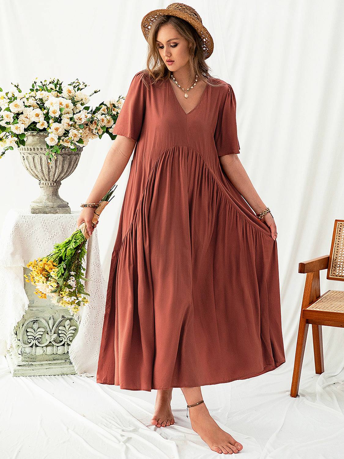 Plus Size V-Neck Flutter Sleeve Midi Dress - Siennasass