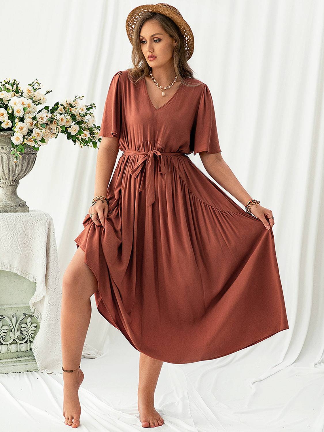 Plus Size V-Neck Flutter Sleeve Midi Dress - Siennasass