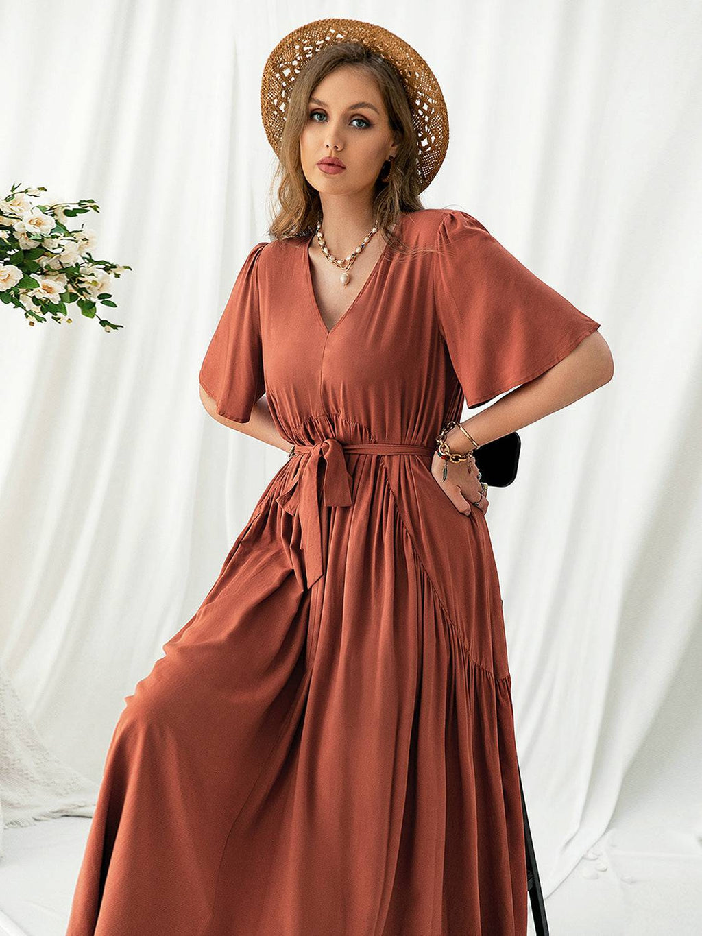 Plus Size V-Neck Flutter Sleeve Midi Dress - Siennasass