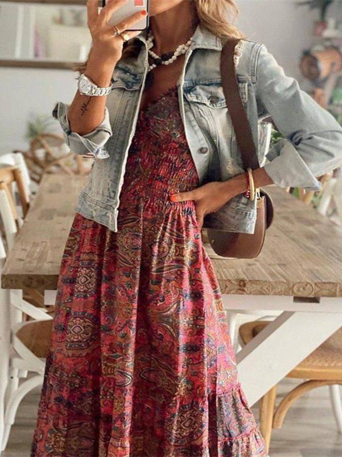 Full Size Smocked Printed V-Neck Short Sleeve Dress - Siennasass