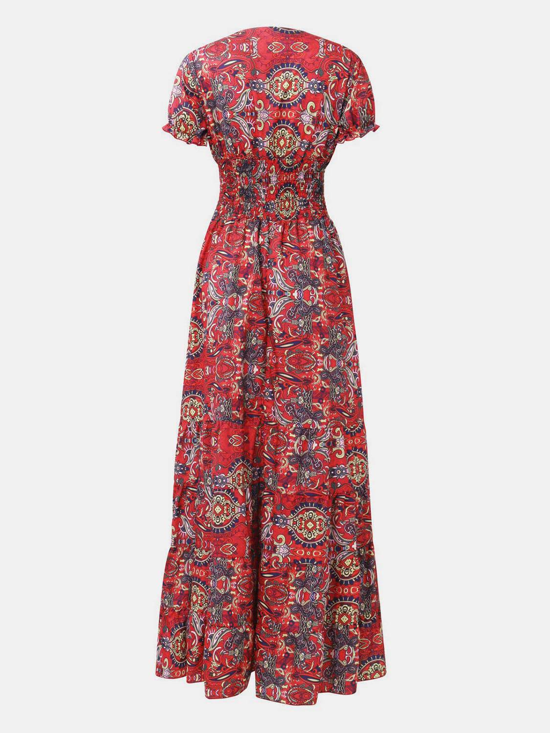 Full Size Smocked Printed V-Neck Short Sleeve Dress - Siennasass