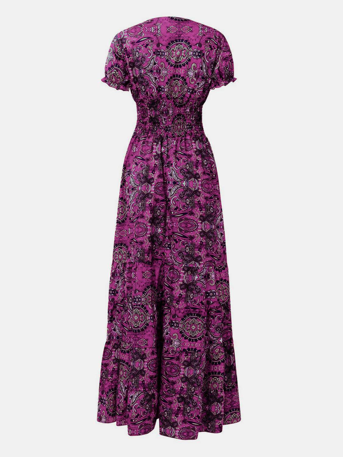 Full Size Smocked Printed V-Neck Short Sleeve Dress - Siennasass