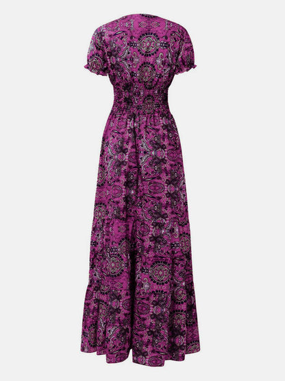 Full Size Smocked Printed V-Neck Short Sleeve Dress - Siennasass