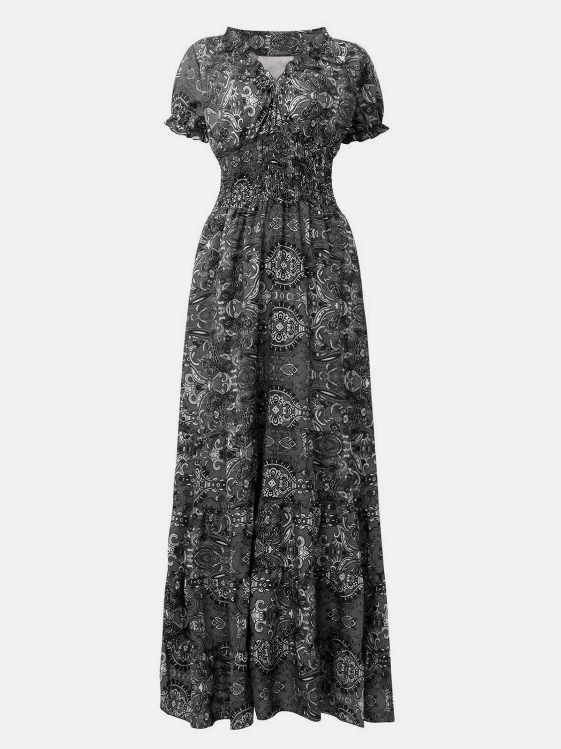 Full Size Smocked Printed V-Neck Short Sleeve Dress - Siennasass