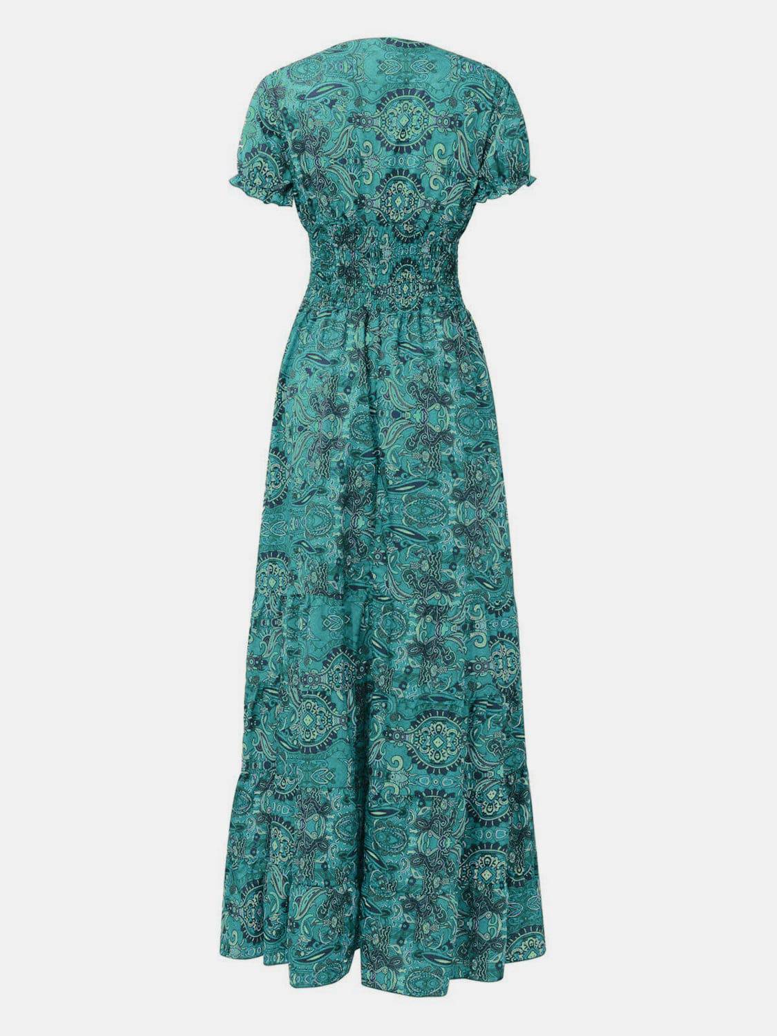 Full Size Smocked Printed V-Neck Short Sleeve Dress - Siennasass