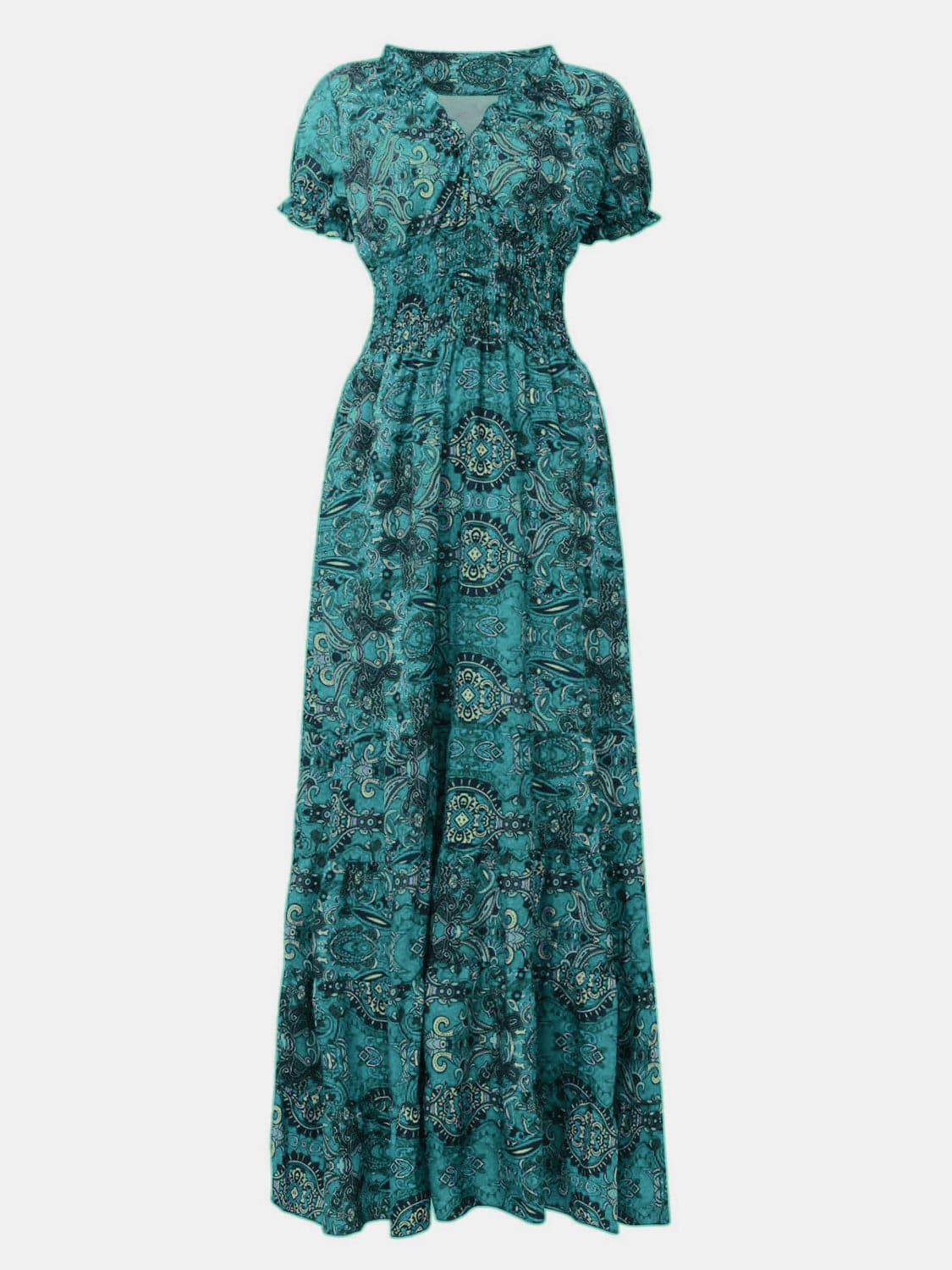 Full Size Smocked Printed V-Neck Short Sleeve Dress - Siennasass