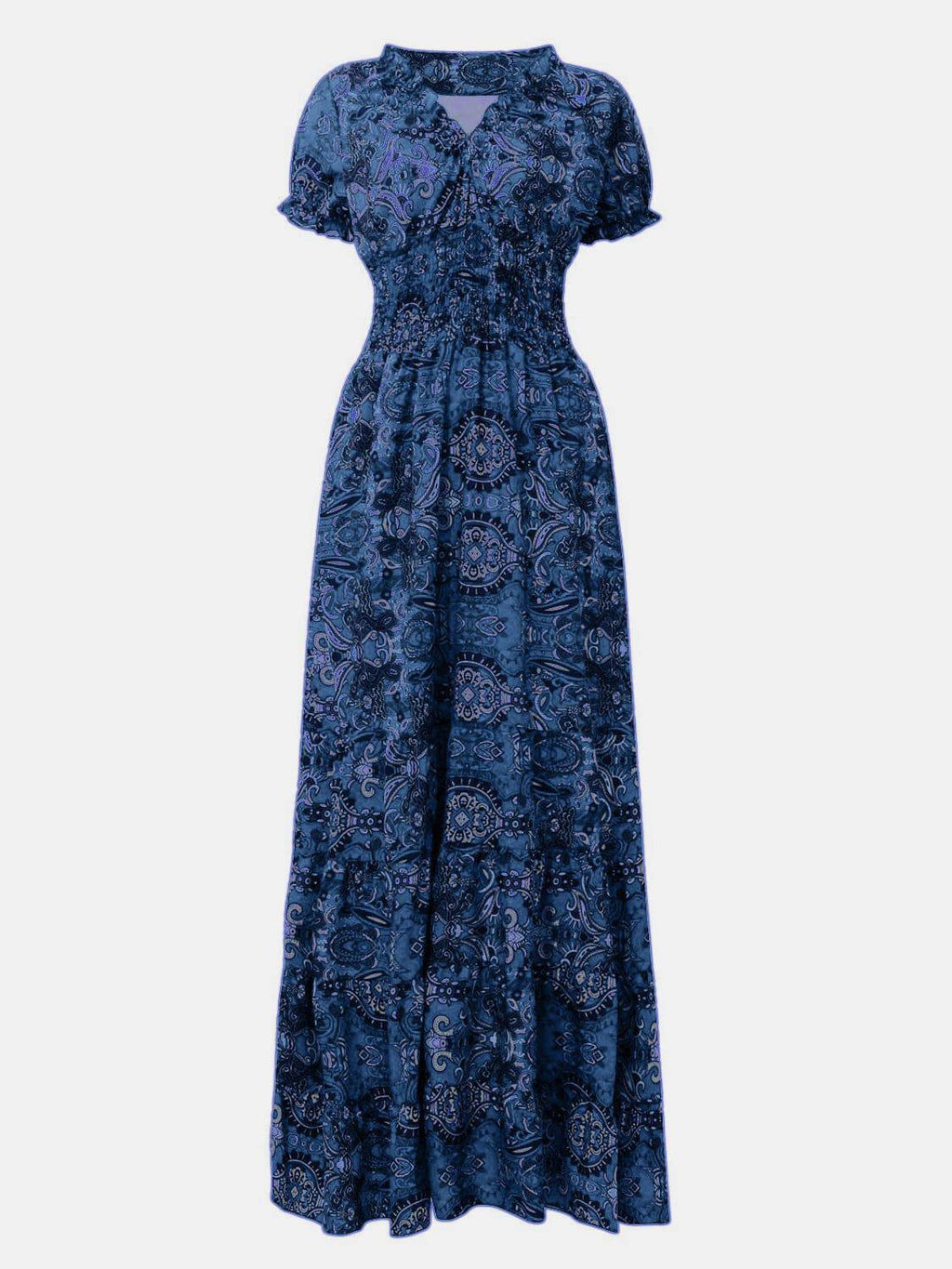 Full Size Smocked Printed V-Neck Short Sleeve Dress - Siennasass