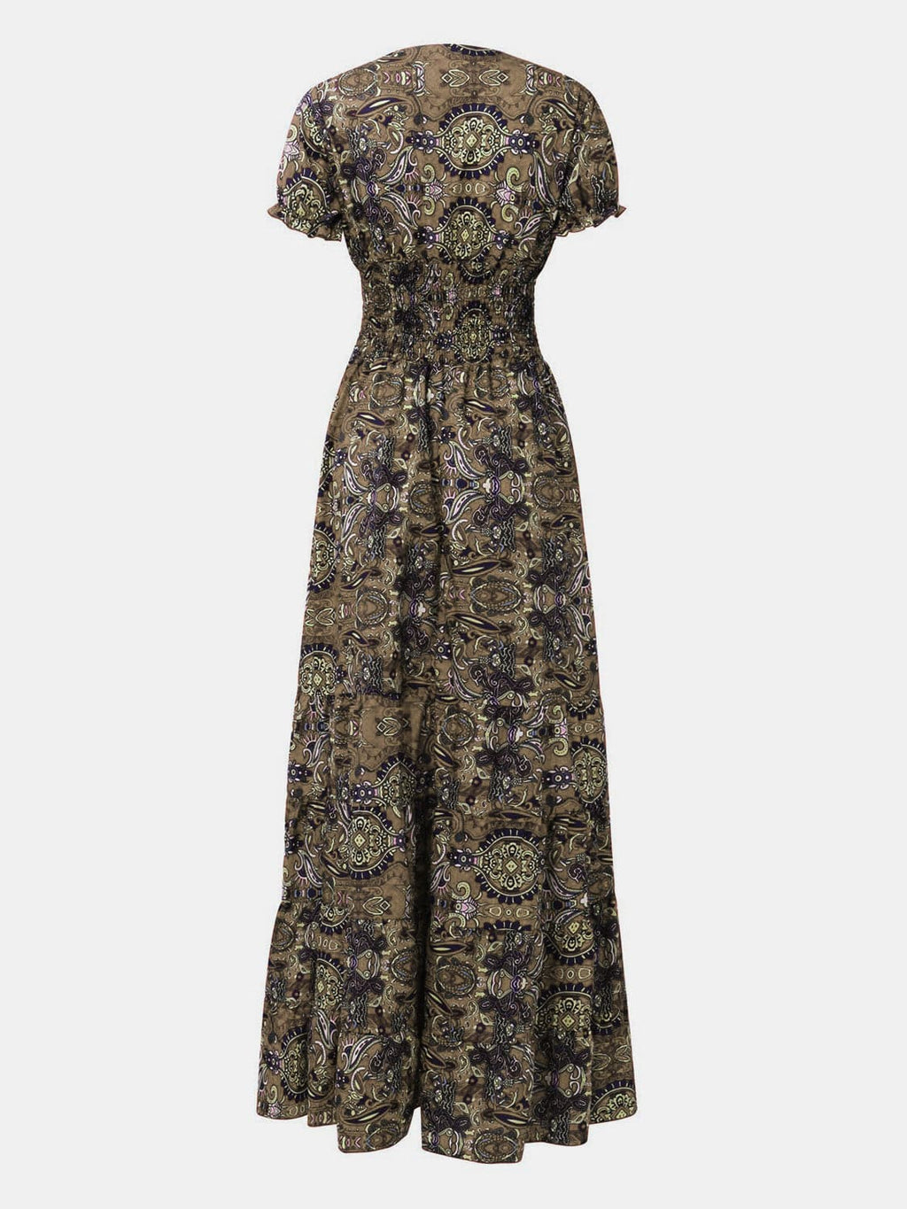 Full Size Smocked Printed V-Neck Short Sleeve Dress - Siennasass