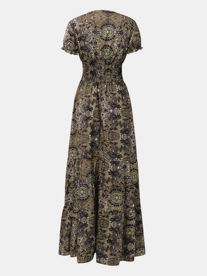 Full Size Smocked Printed V-Neck Short Sleeve Dress - Siennasass