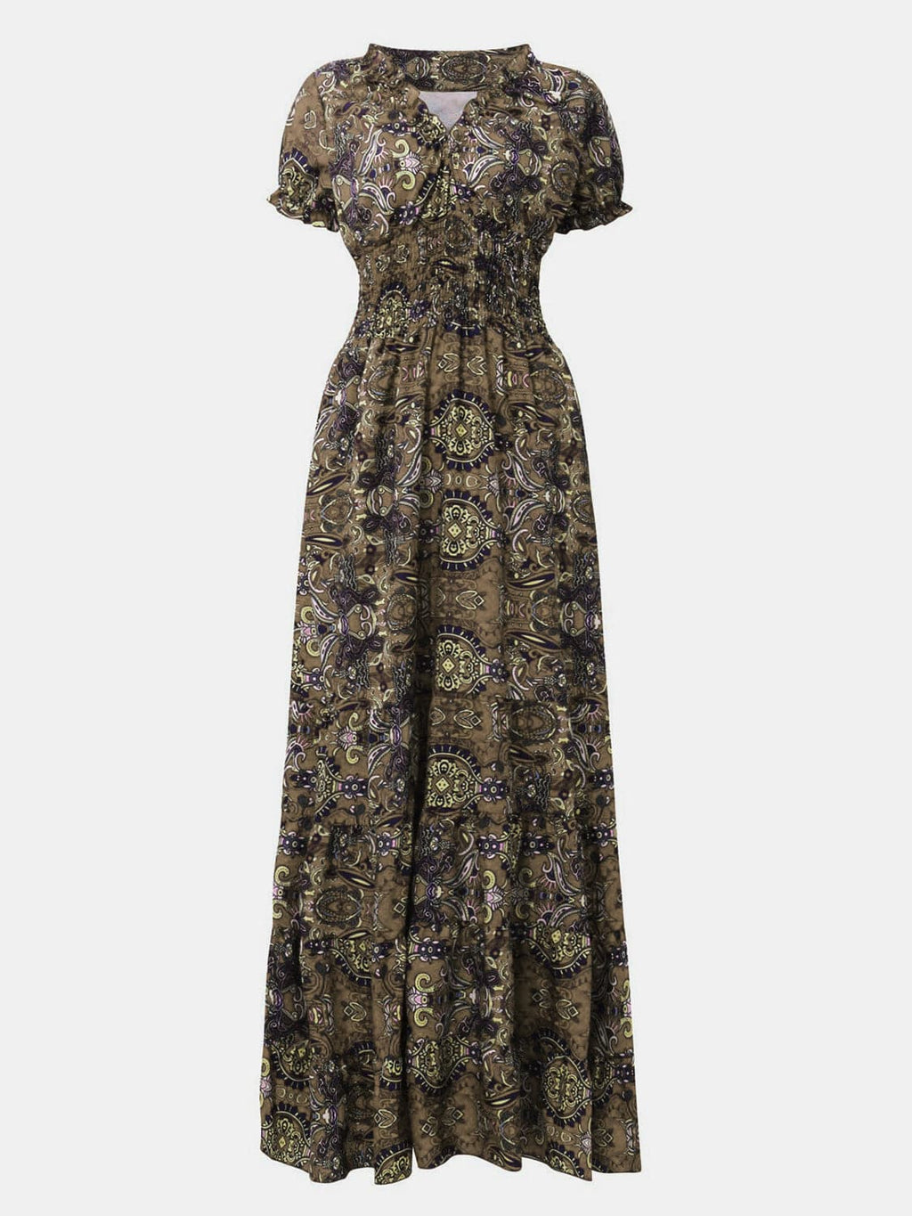 Full Size Smocked Printed V-Neck Short Sleeve Dress - Siennasass