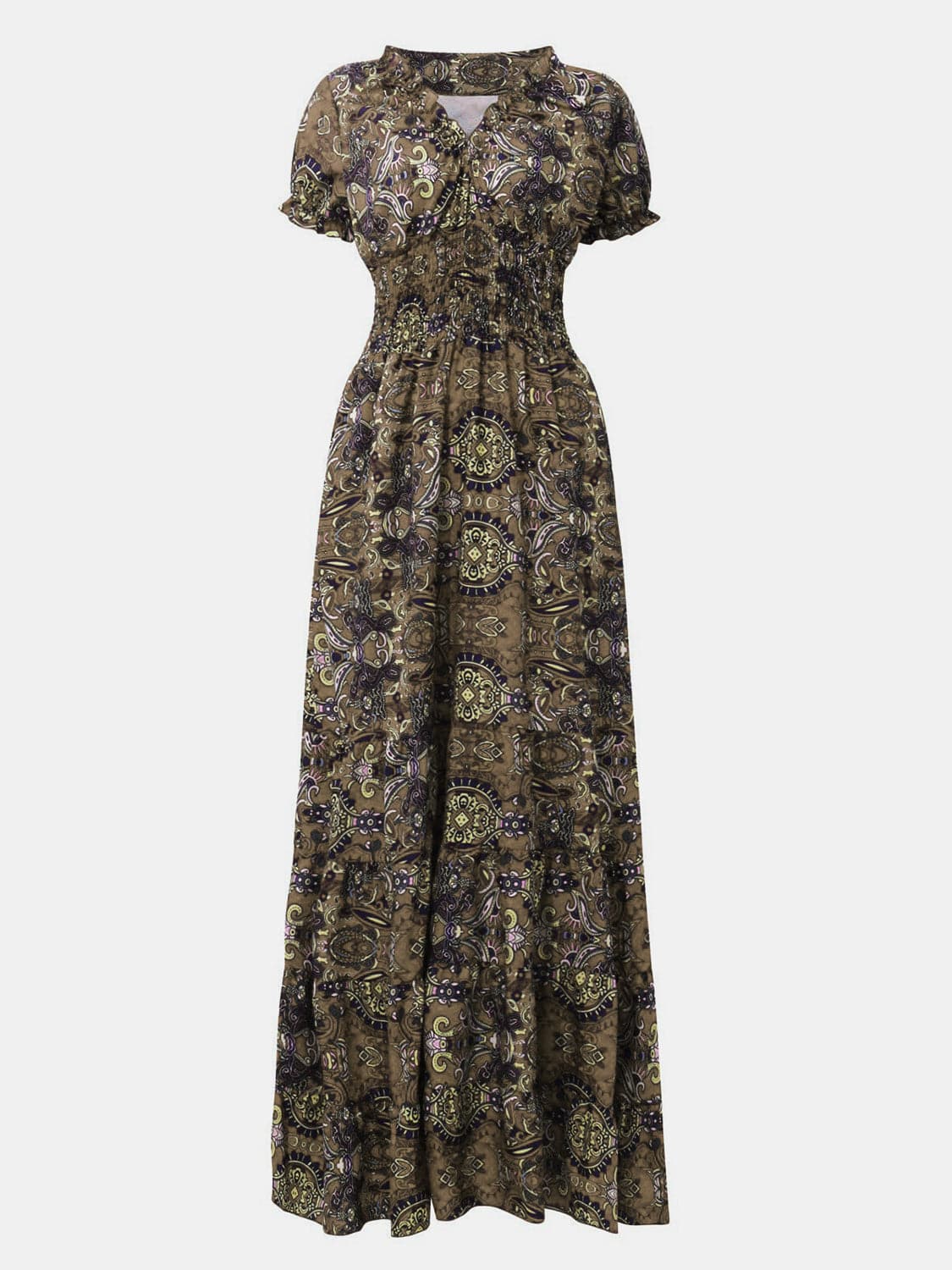 Full Size Smocked Printed V-Neck Short Sleeve Dress - Siennasass
