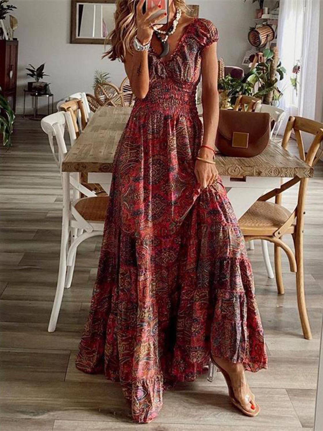 Full Size Smocked Printed V-Neck Short Sleeve Dress - Siennasass