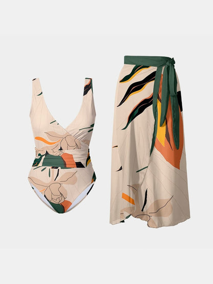 Printed Surplice Wide Strap Swimwear and Skirt Swim Set - Siennasass