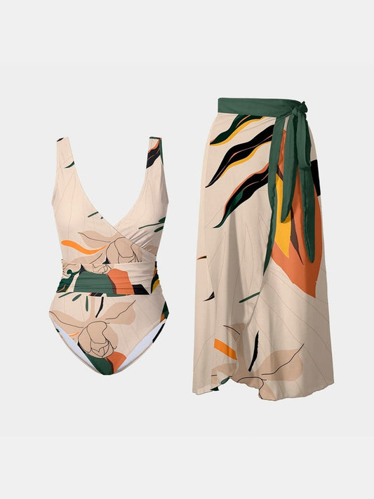 Printed Surplice Wide Strap Swimwear and Skirt Swim Set - Siennasass