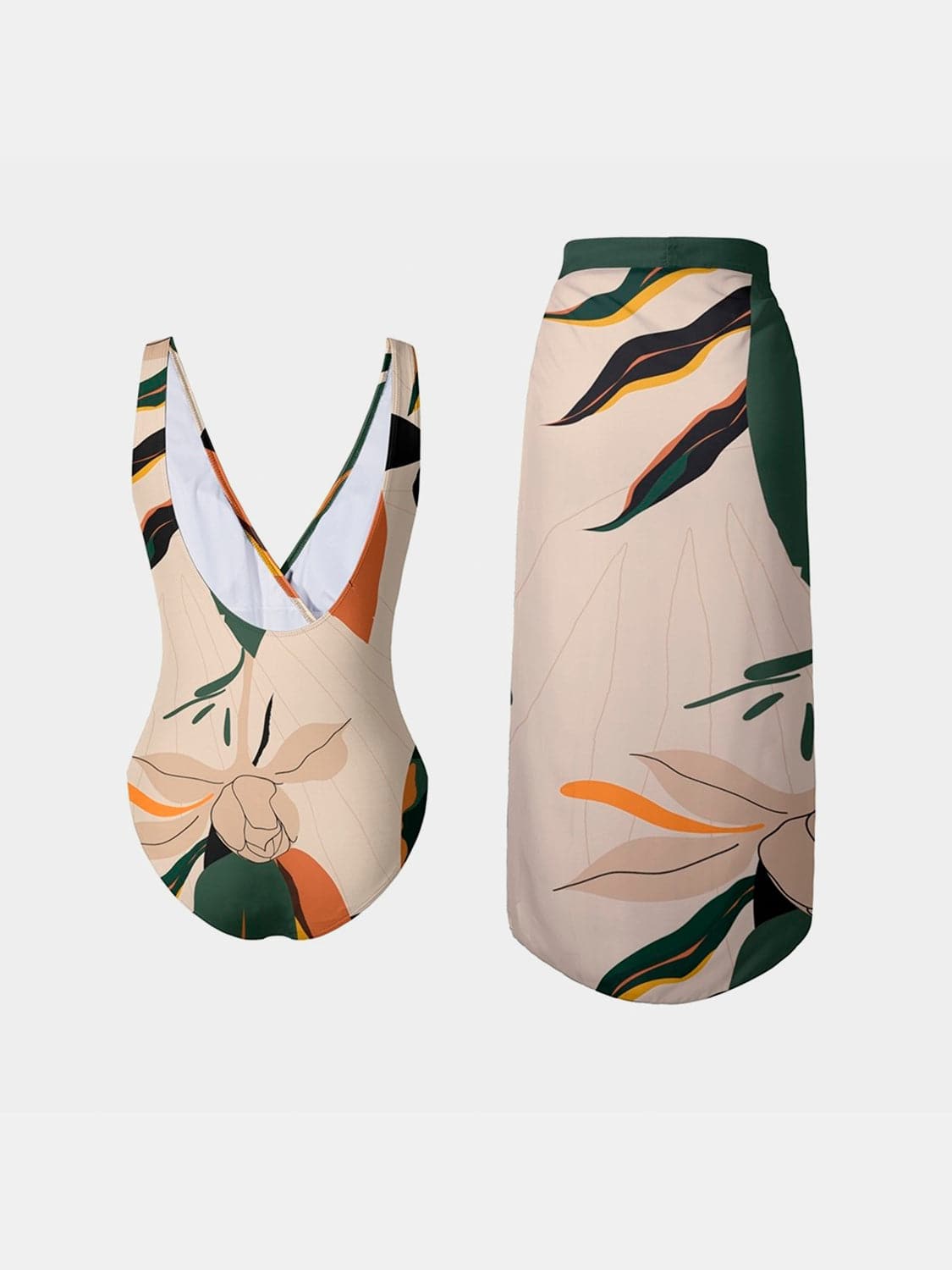 Printed Surplice Wide Strap Swimwear and Skirt Swim Set - Siennasass