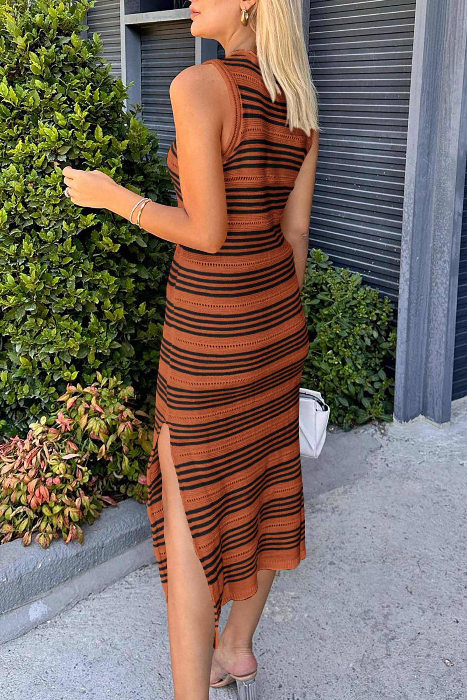 Slit Striped Round Neck Sleeveless Midi Dress - Siennasass