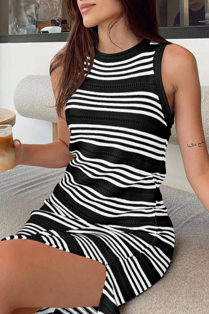 Slit Striped Round Neck Sleeveless Midi Dress - Siennasass
