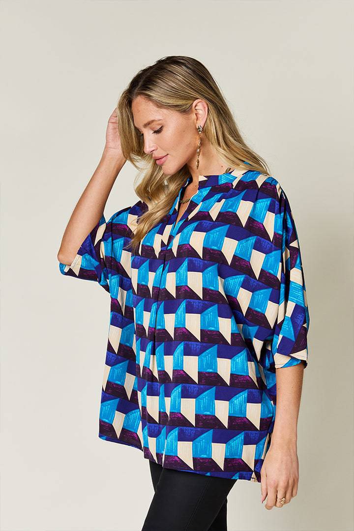 Double Take Full Size Geometric Notched Half Sleeve Blouse - Siennasass