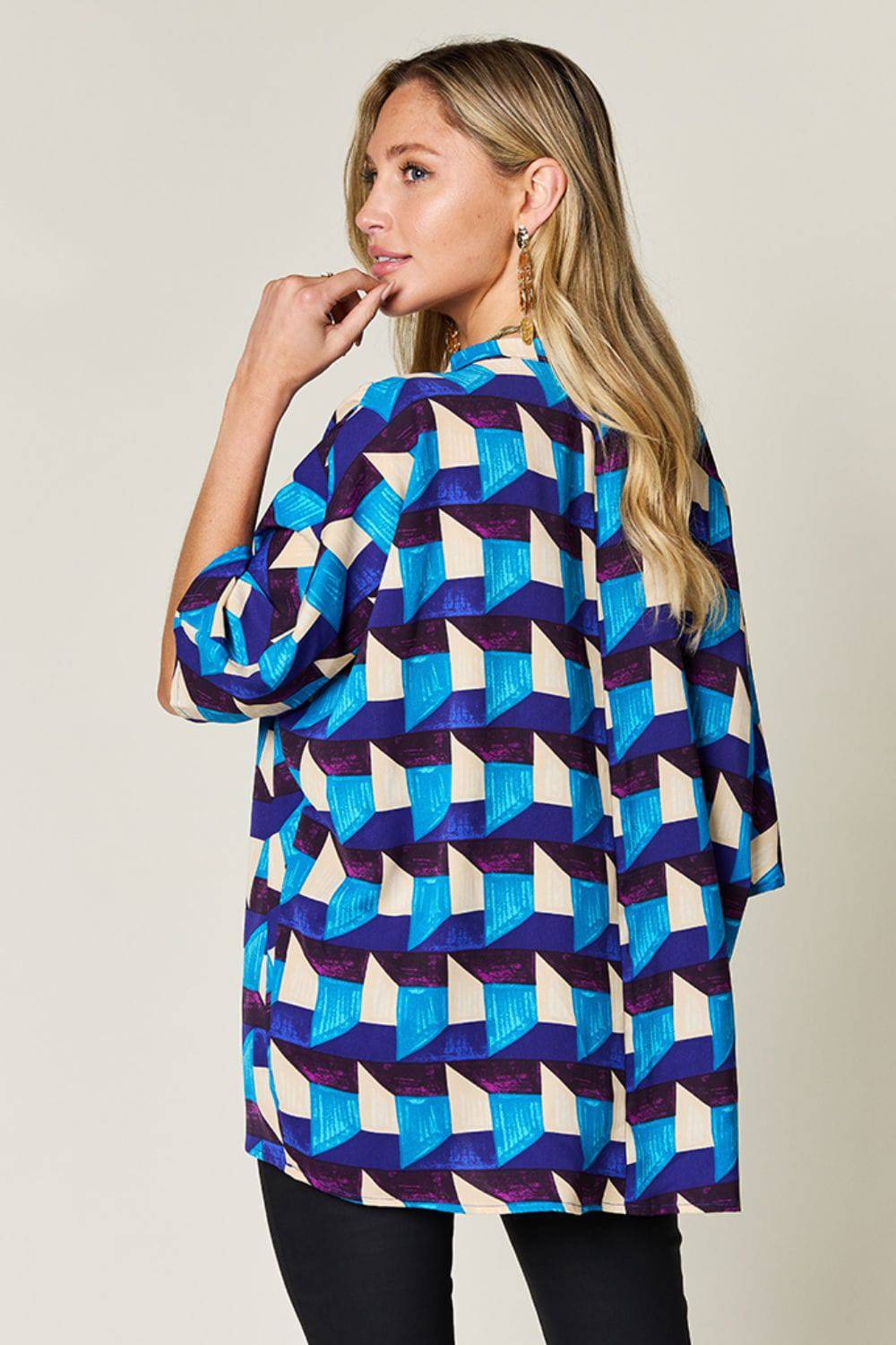 Double Take Full Size Geometric Notched Half Sleeve Blouse - Siennasass