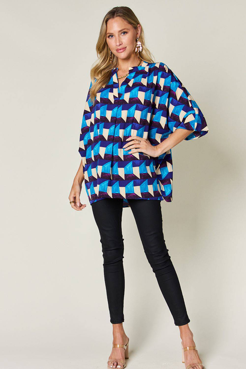 Double Take Full Size Geometric Notched Half Sleeve Blouse - Siennasass