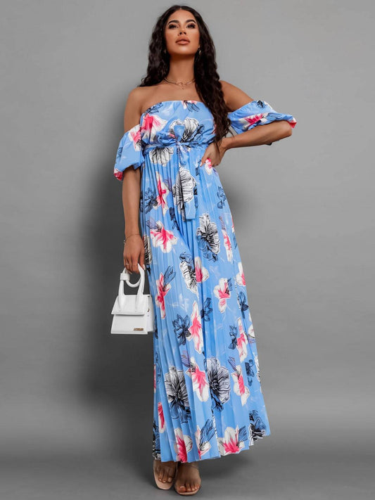 Pleated Floral Off-Shoulder Short Sleeve Midi Dress - Siennasass