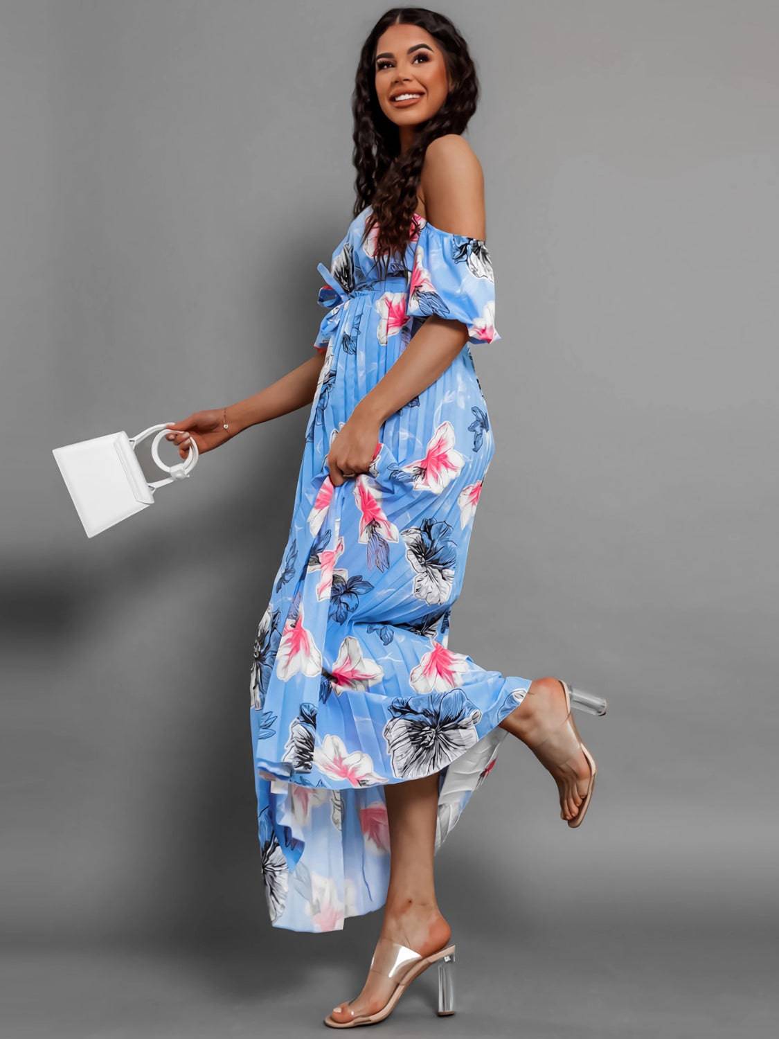 Pleated Floral Off-Shoulder Short Sleeve Midi Dress - Siennasass