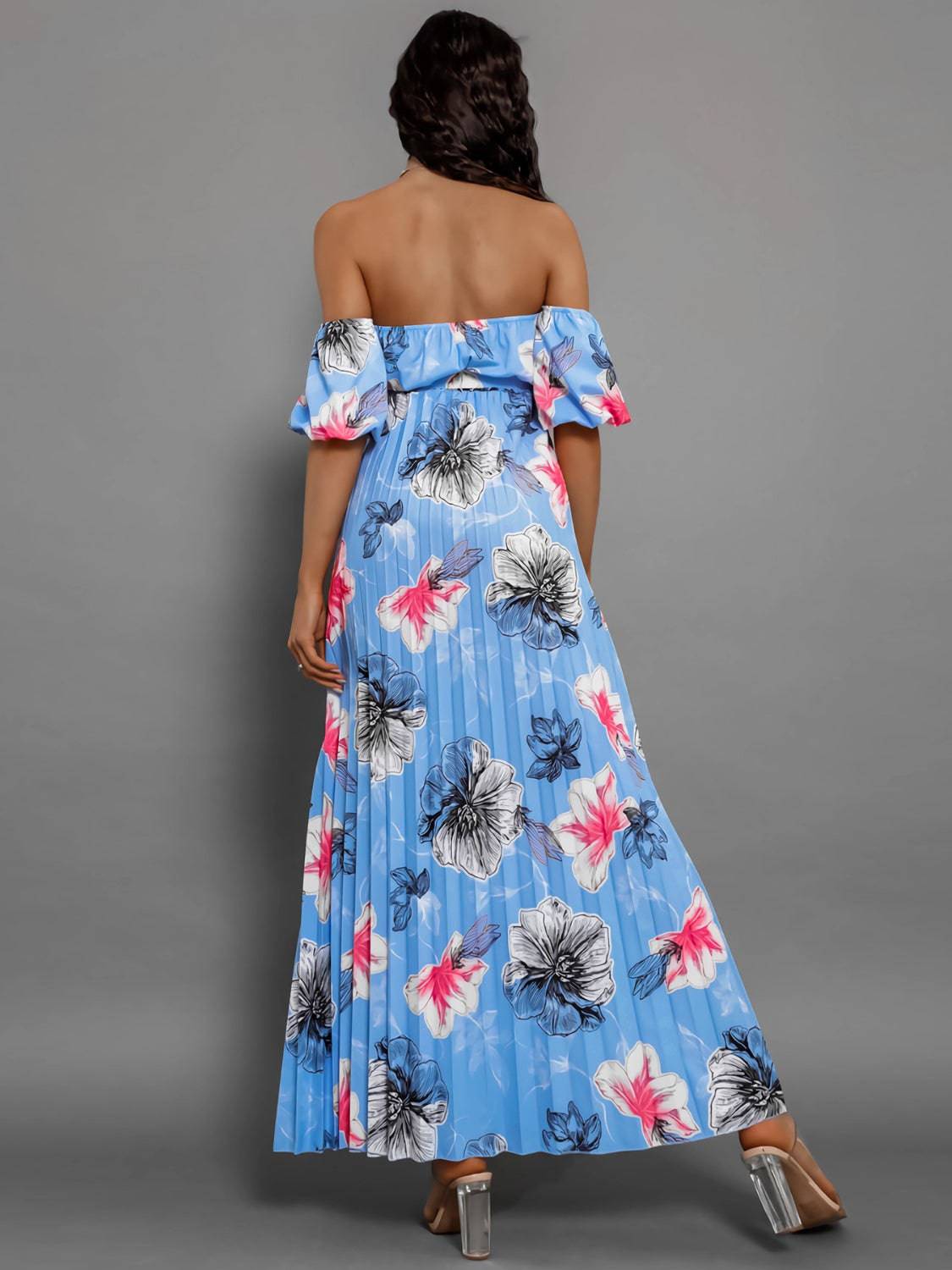 Pleated Floral Off-Shoulder Short Sleeve Midi Dress - Siennasass