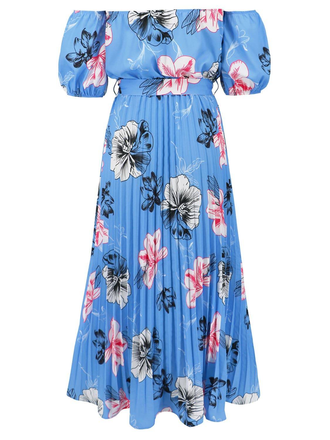 Pleated Floral Off-Shoulder Short Sleeve Midi Dress - Siennasass