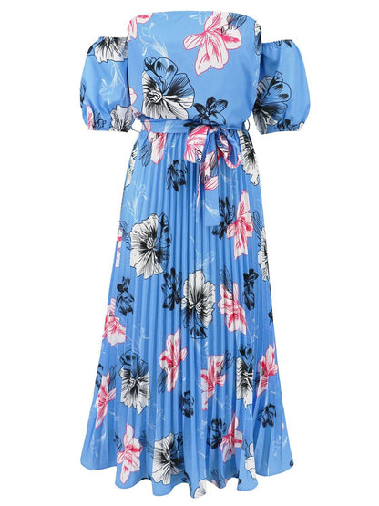 Pleated Floral Off-Shoulder Short Sleeve Midi Dress - Siennasass