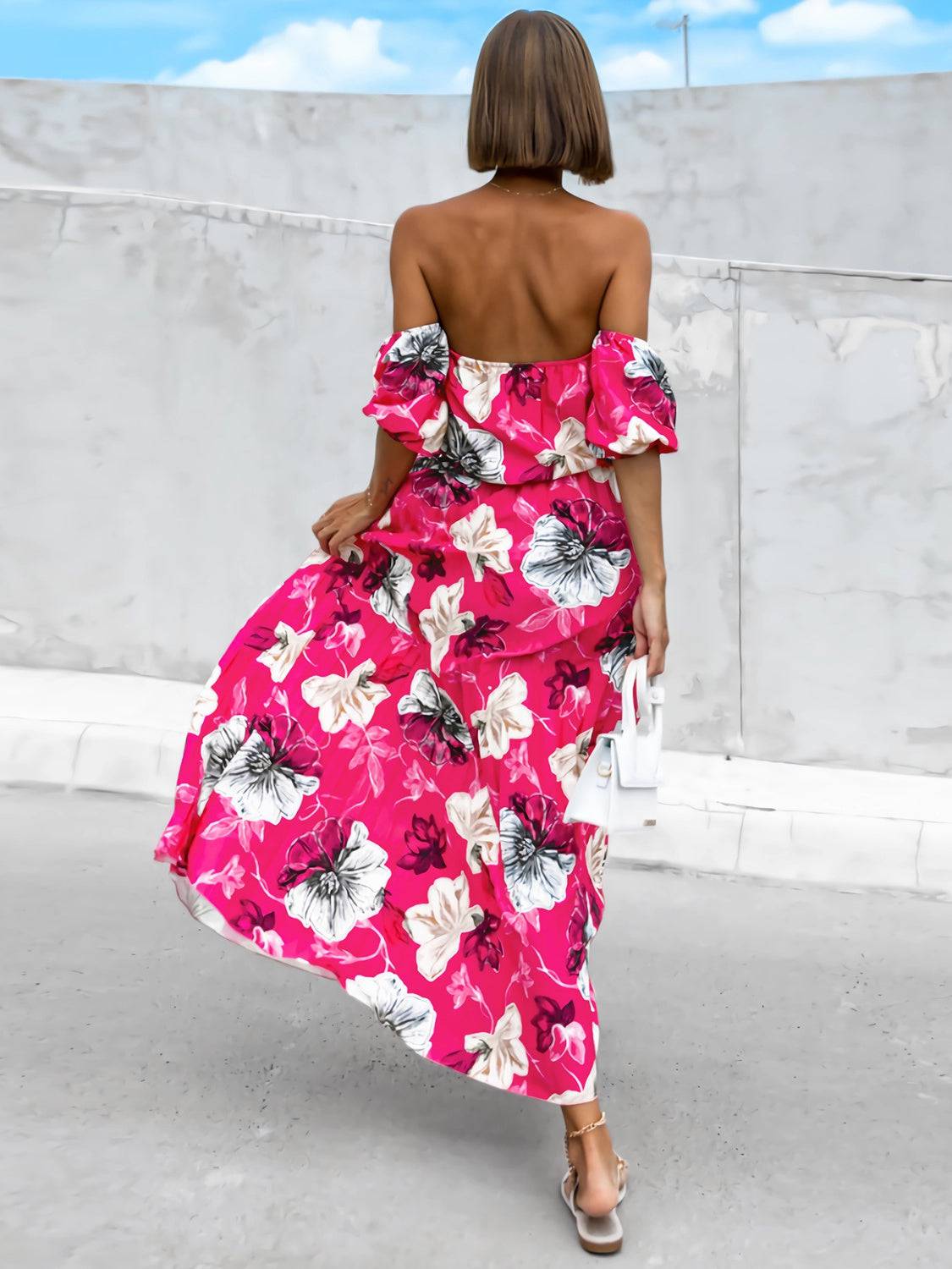 Pleated Floral Off-Shoulder Short Sleeve Midi Dress - Siennasass