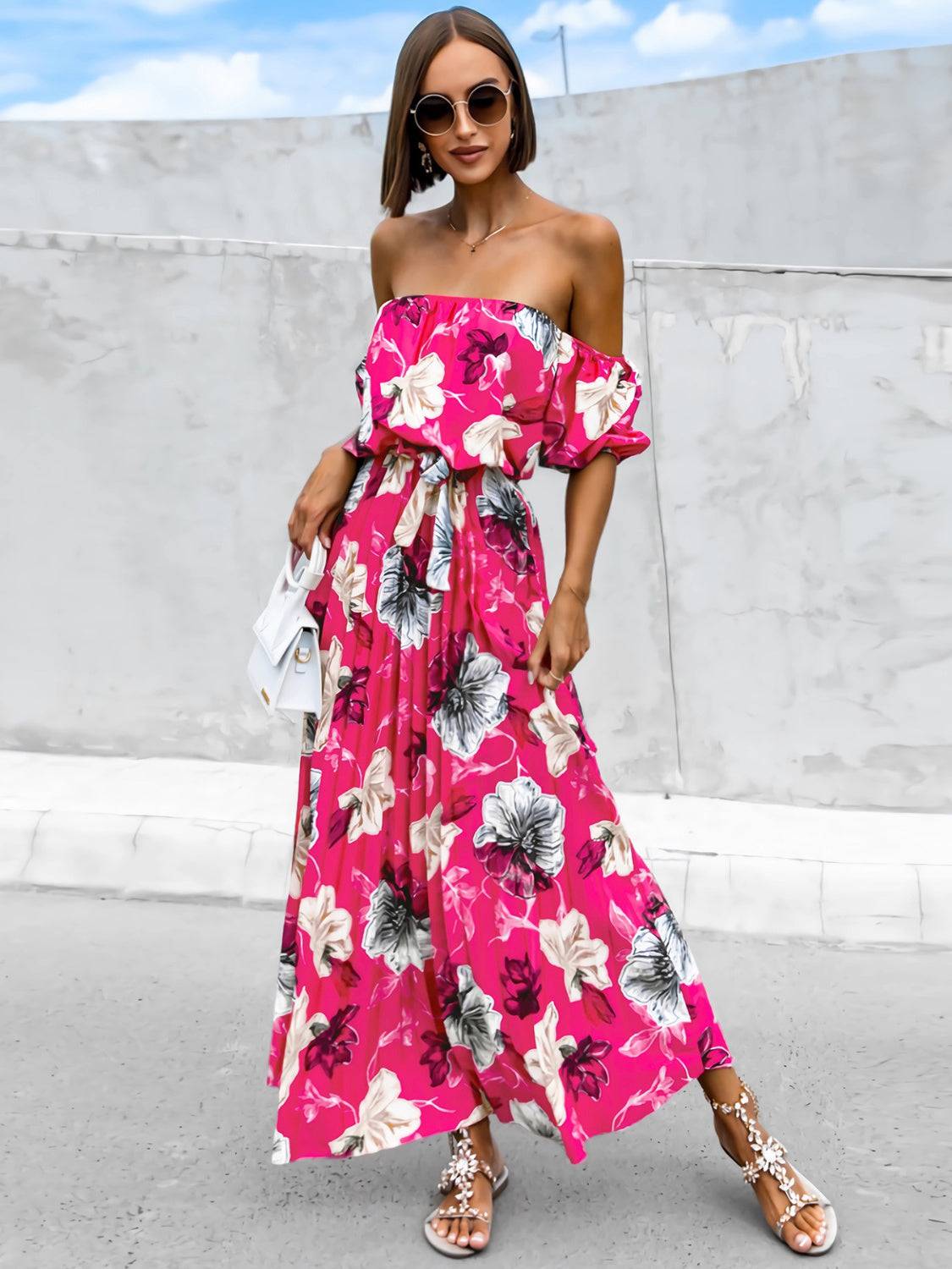 Pleated Floral Off-Shoulder Short Sleeve Midi Dress - Siennasass