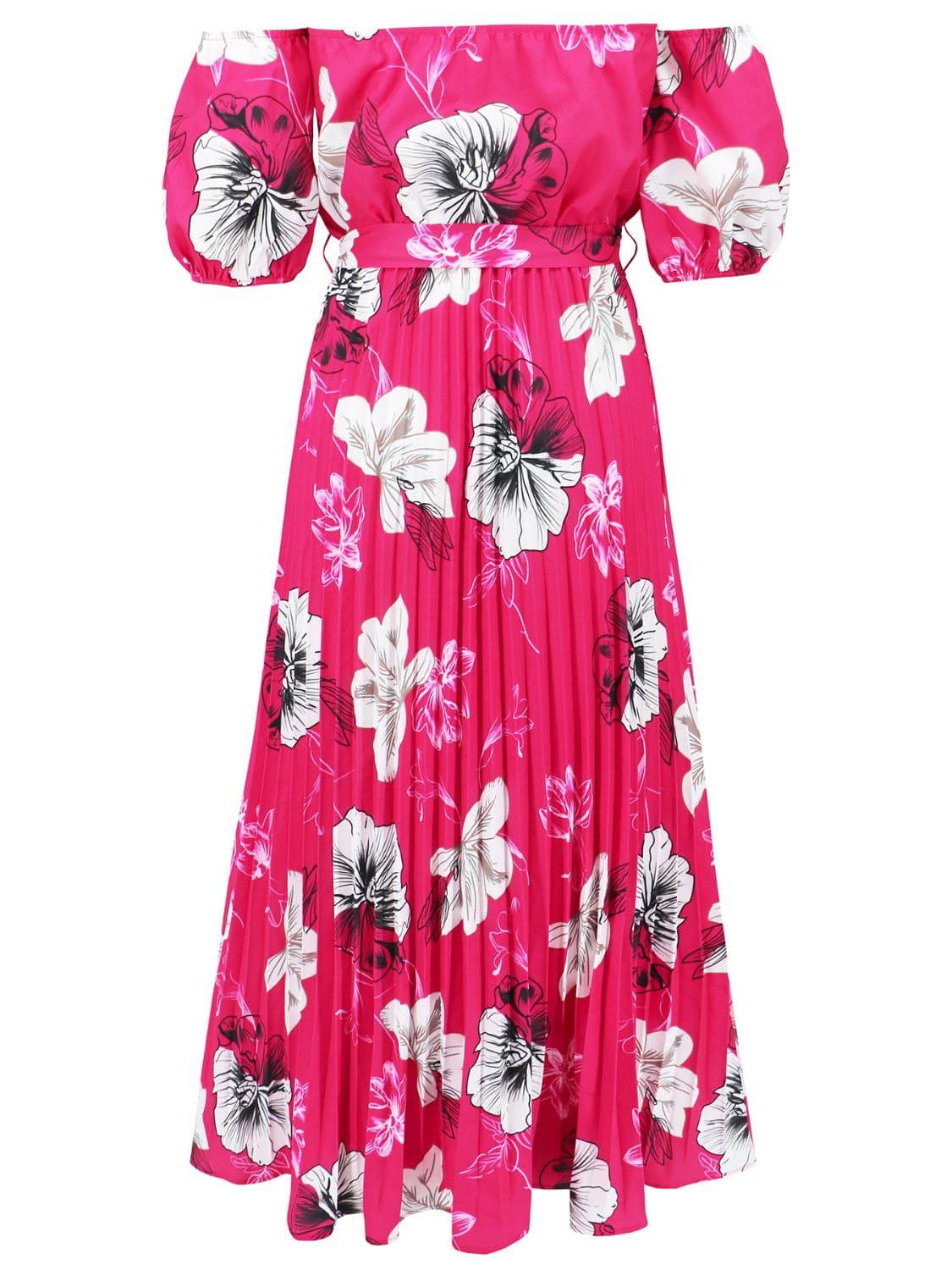 Pleated Floral Off-Shoulder Short Sleeve Midi Dress - Siennasass