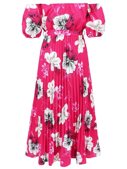 Pleated Floral Off-Shoulder Short Sleeve Midi Dress - Siennasass