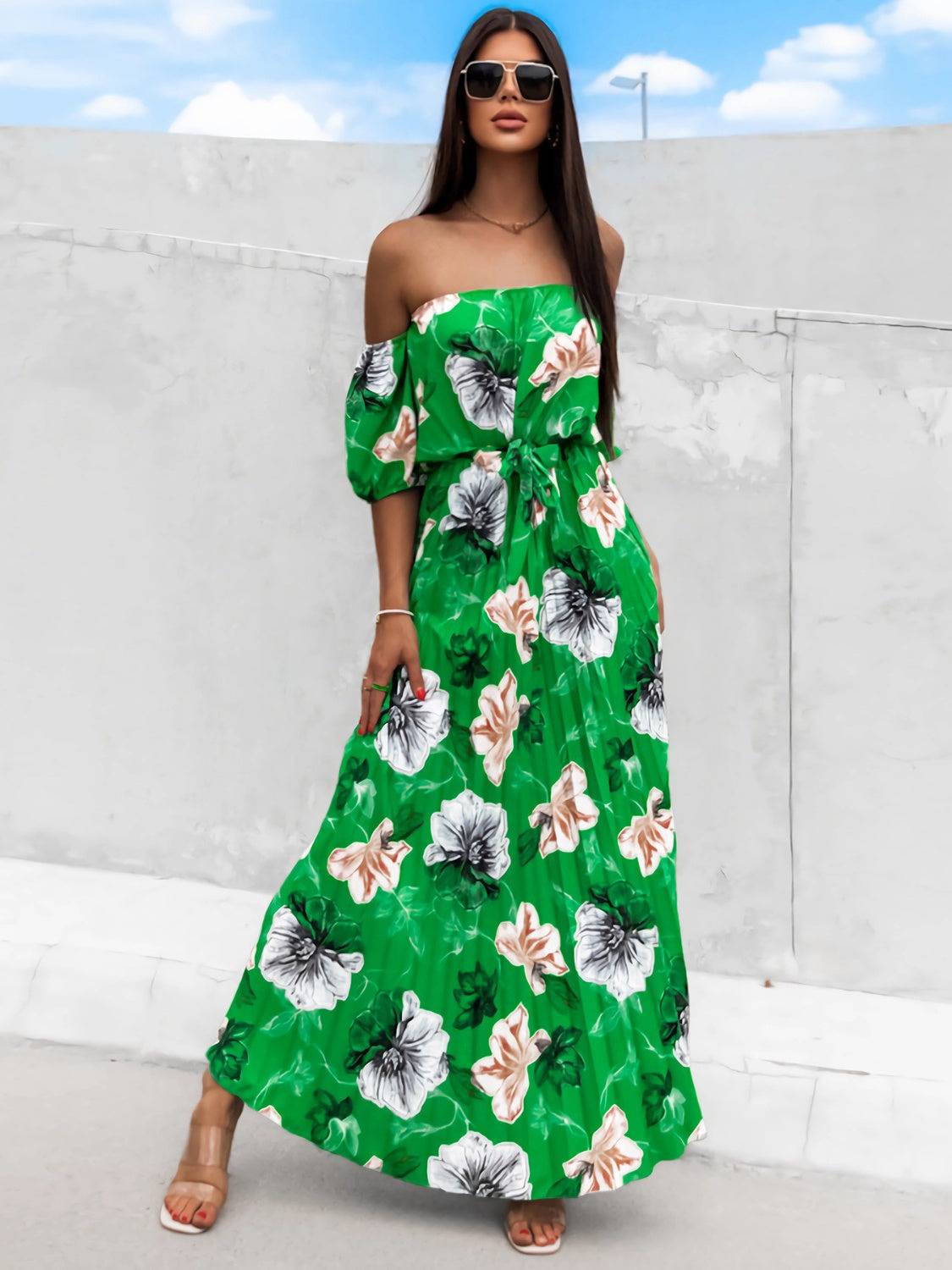 Pleated Floral Off-Shoulder Short Sleeve Midi Dress - Siennasass