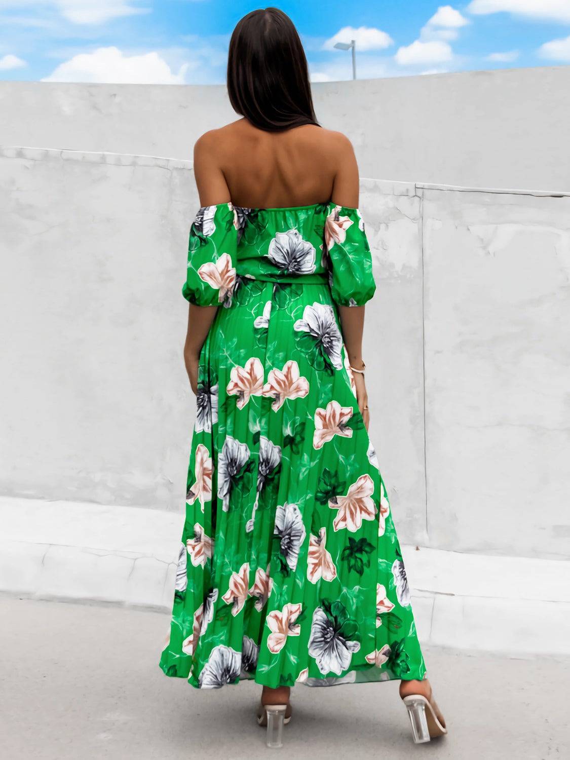 Pleated Floral Off-Shoulder Short Sleeve Midi Dress - Siennasass
