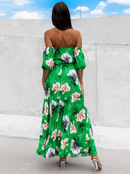 Pleated Floral Off-Shoulder Short Sleeve Midi Dress - Siennasass