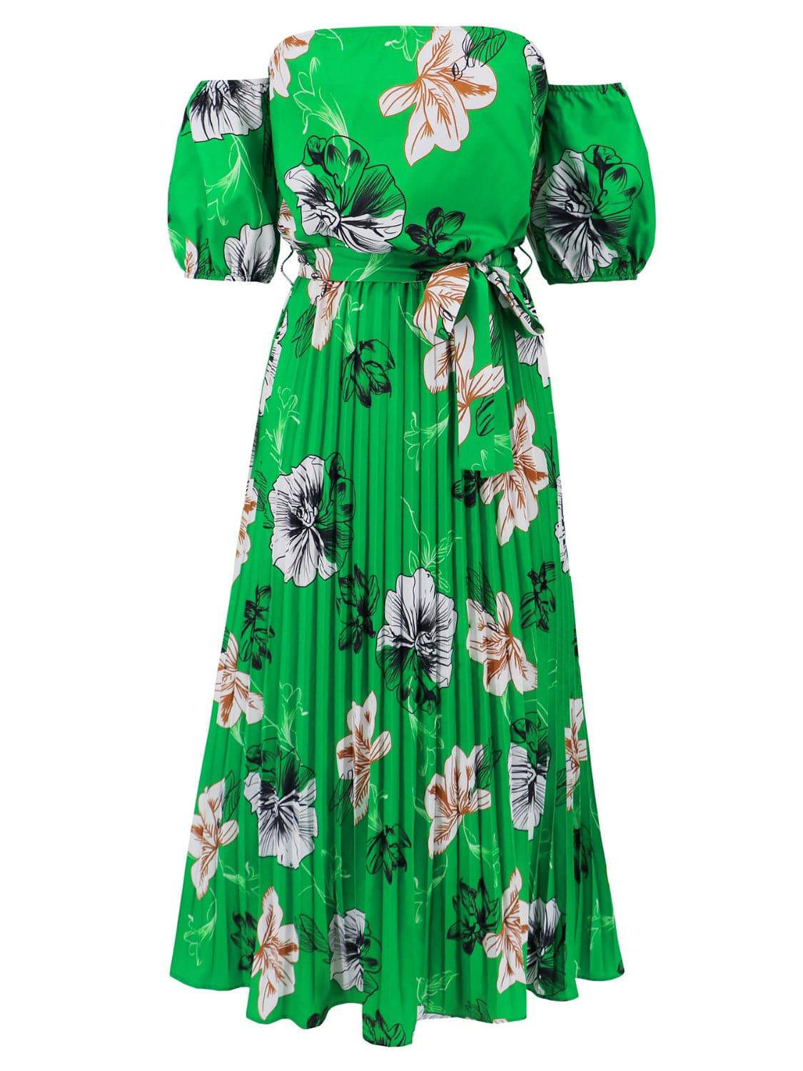 Pleated Floral Off-Shoulder Short Sleeve Midi Dress - Siennasass