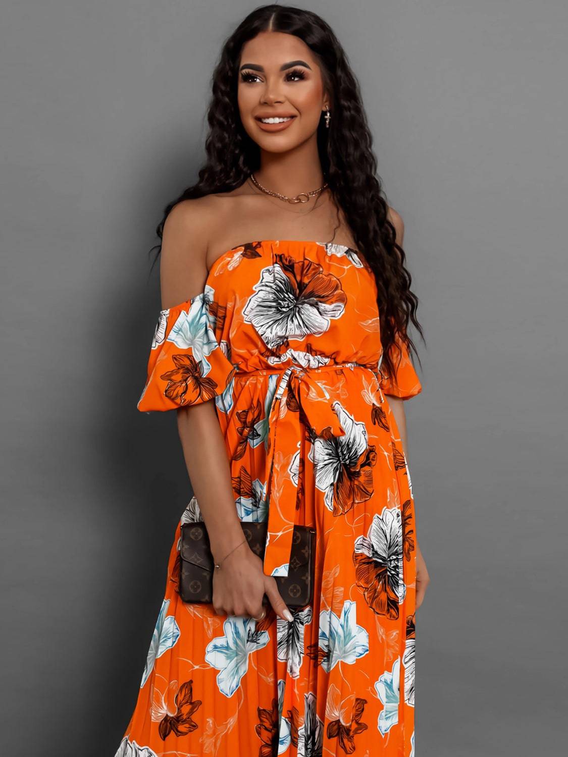 Pleated Floral Off-Shoulder Short Sleeve Midi Dress - Siennasass