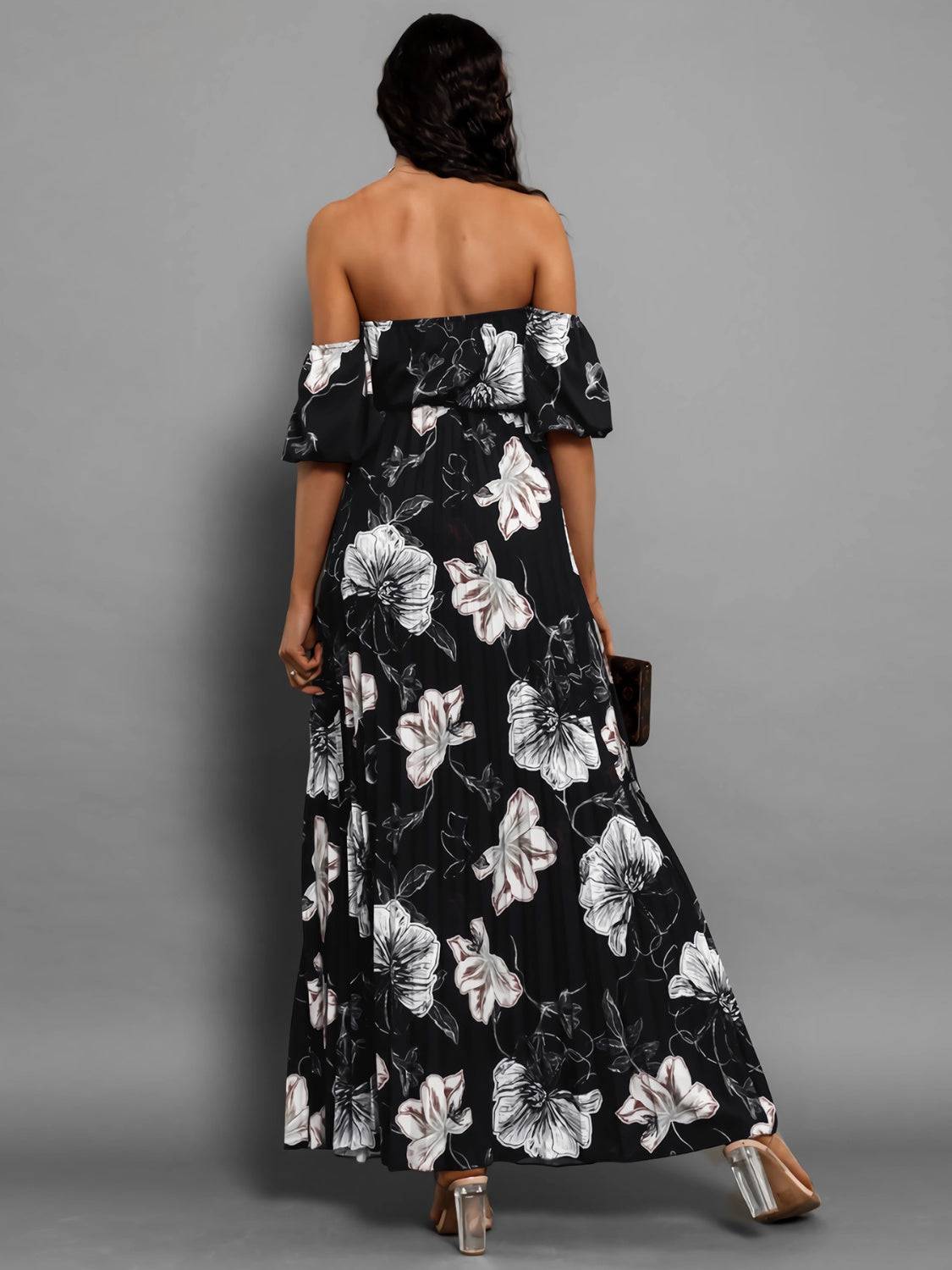 Pleated Floral Off-Shoulder Short Sleeve Midi Dress - Siennasass