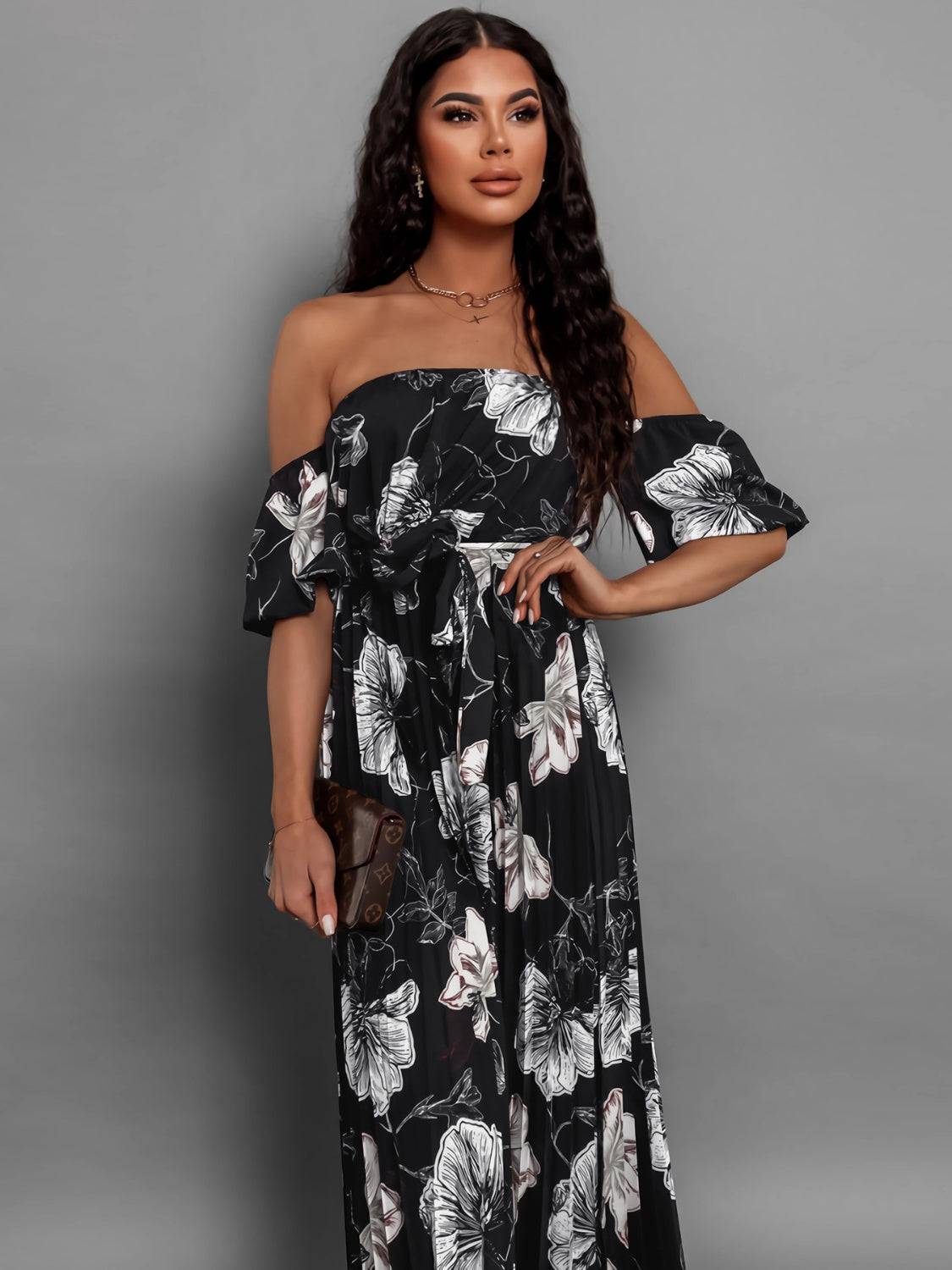 Pleated Floral Off-Shoulder Short Sleeve Midi Dress - Siennasass