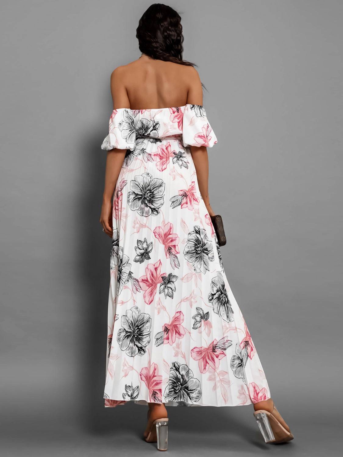 Pleated Floral Off-Shoulder Short Sleeve Midi Dress - Siennasass