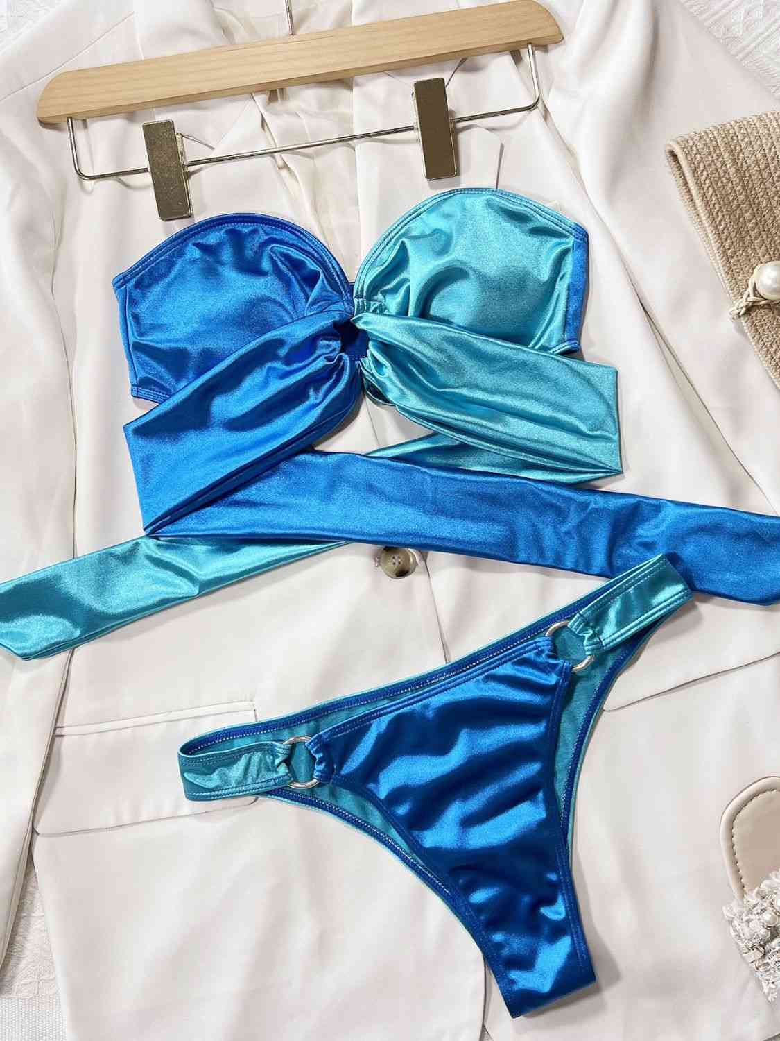 Two-Tone Ring Detail Tied Bikini Set - Siennasass