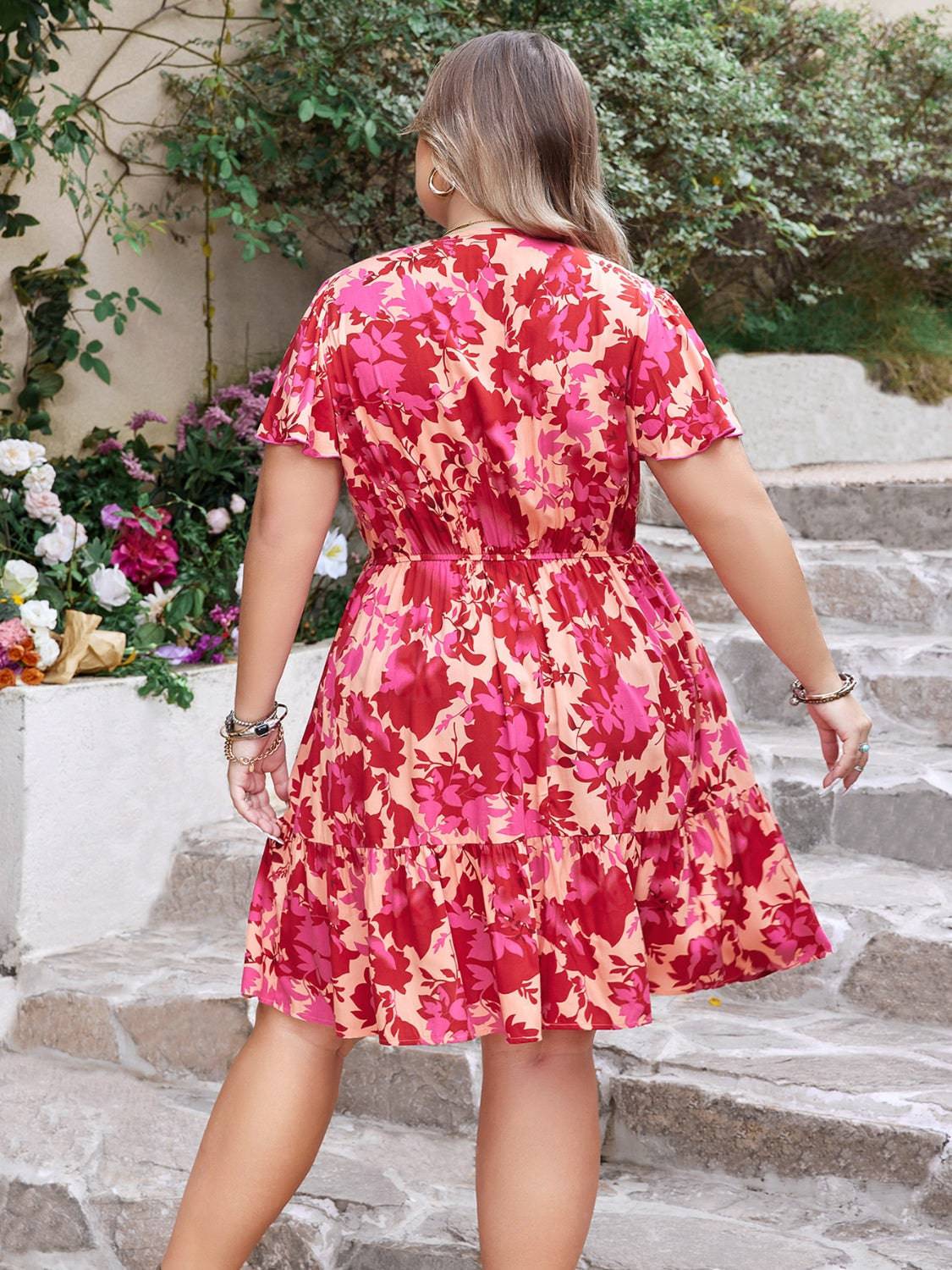 Plus Size Printed V-Neck Flutter Sleeve Dress - Siennasass