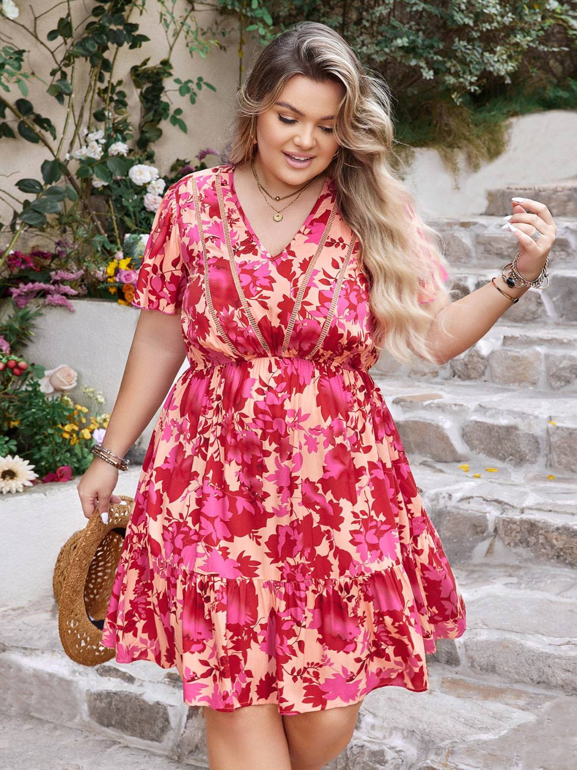 Plus Size Printed V-Neck Flutter Sleeve Dress - Siennasass