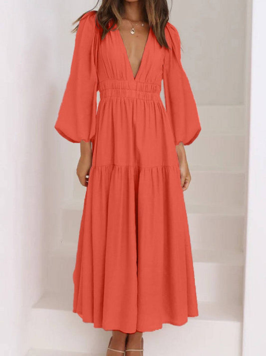 Deep V-Neck Balloon Sleeve Plain Maxi Dress - Siennasass