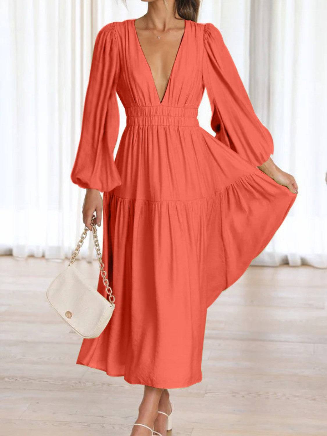 Deep V-Neck Balloon Sleeve Plain Maxi Dress - Siennasass