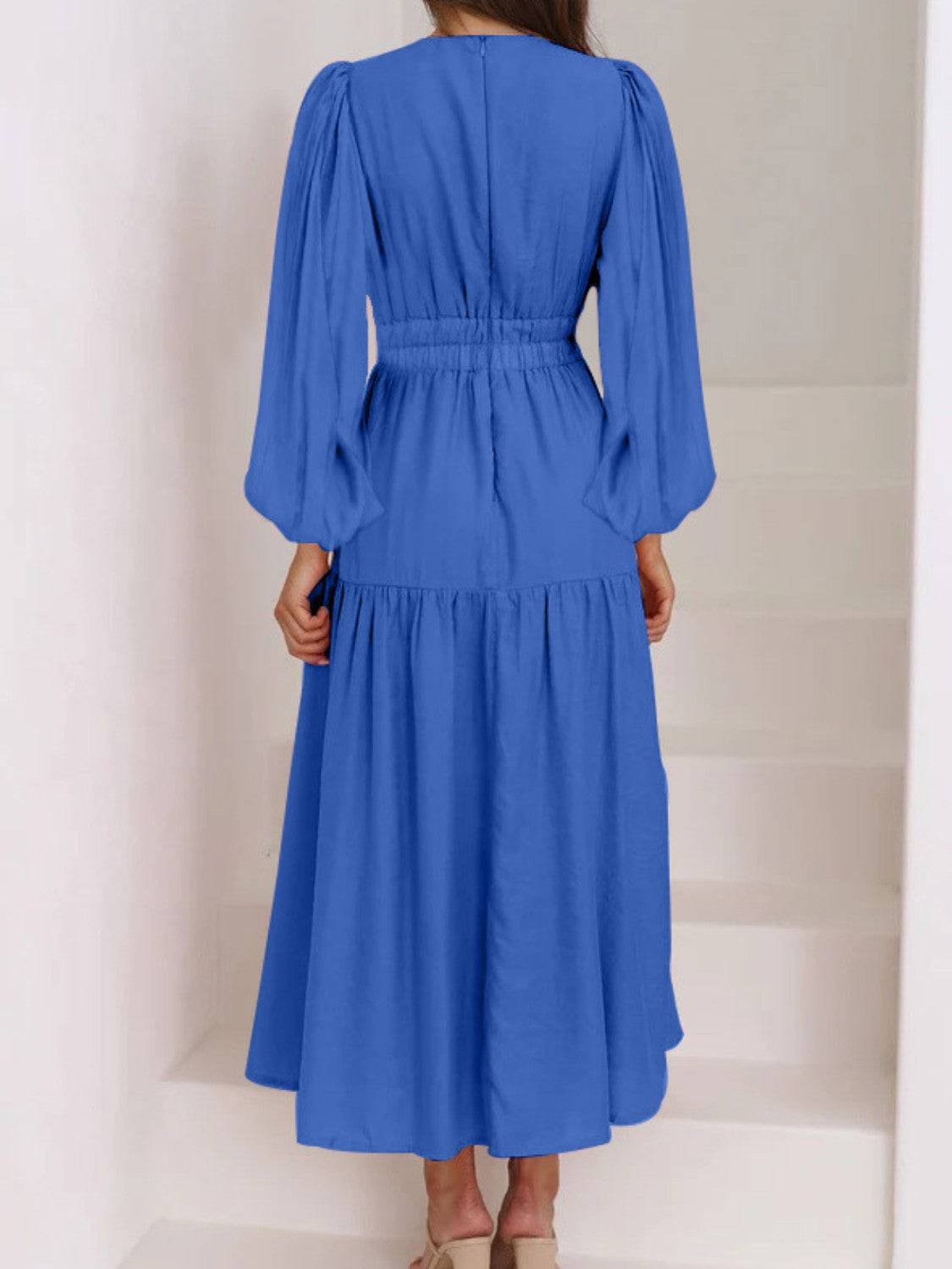 Deep V-Neck Balloon Sleeve Plain Maxi Dress - Siennasass