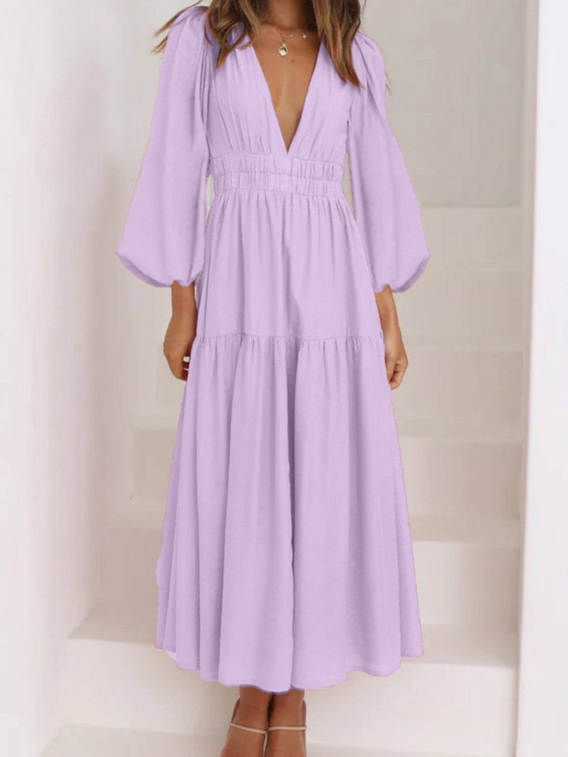 Deep V-Neck Balloon Sleeve Plain Maxi Dress - Siennasass