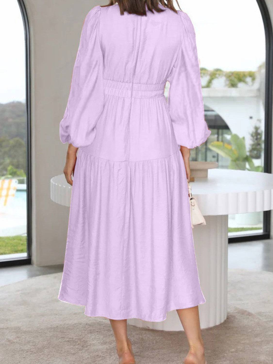 Deep V-Neck Balloon Sleeve Plain Maxi Dress - Siennasass