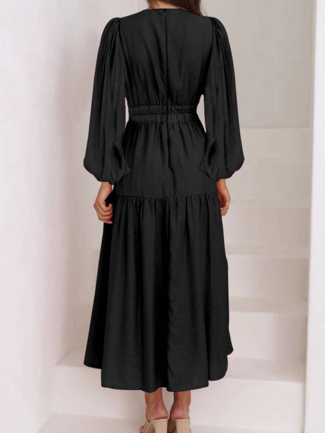Deep V-Neck Balloon Sleeve Plain Maxi Dress - Siennasass